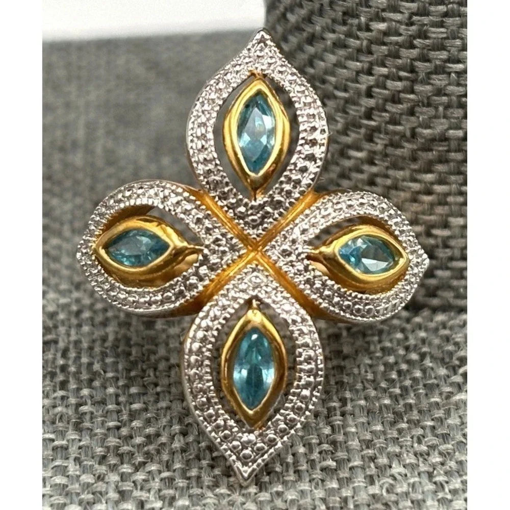 Gorgeous Blue Stone Marquise Cross Statement Ring Gold Tone Size 6